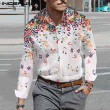 INCERUN, мужская повседневная элегантная рубашка с длинным рукавом и лацканами, с принтом музыкальной ноты, уличная одежда, для отдыха, пляжа, комфортная Мужская блузка