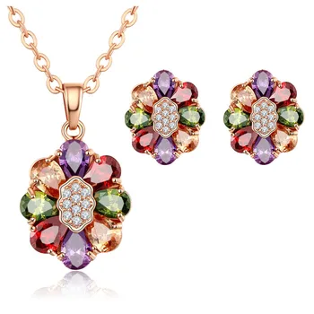 

MOONROCY Rose Gold Color CZ Jewelry Set Bohemia Cubic Zirconia Colorful Necklace and Earrings for Women Dropshipping Jewelry
