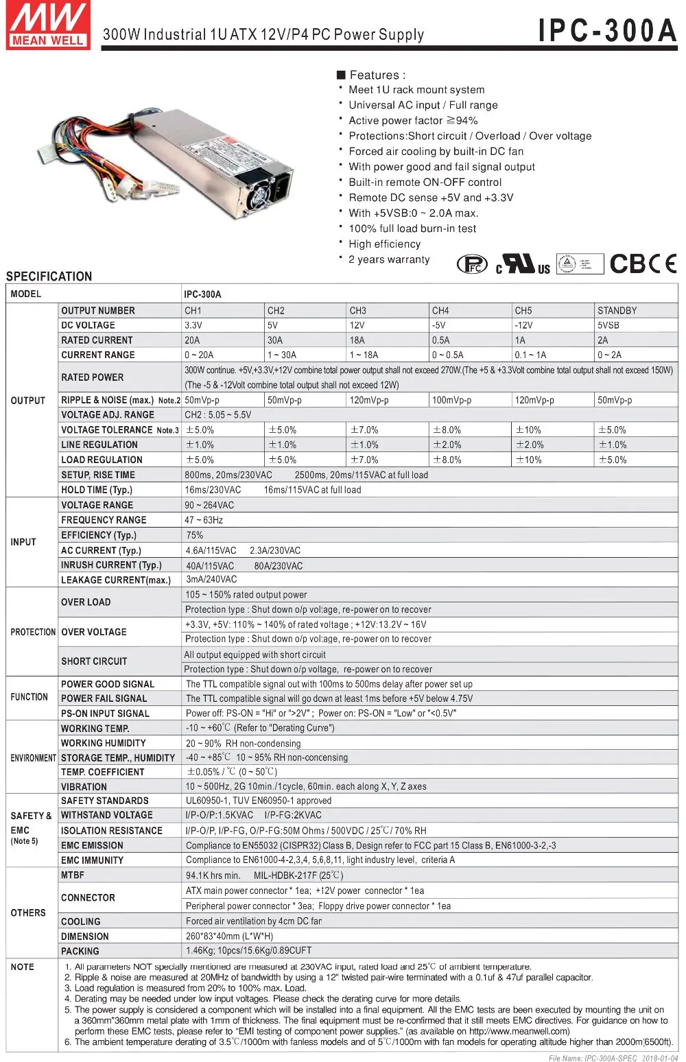 Mean Well IPC-300A meanwell 300W промышленный 1U ATX 12 V/P4 PC источник питания