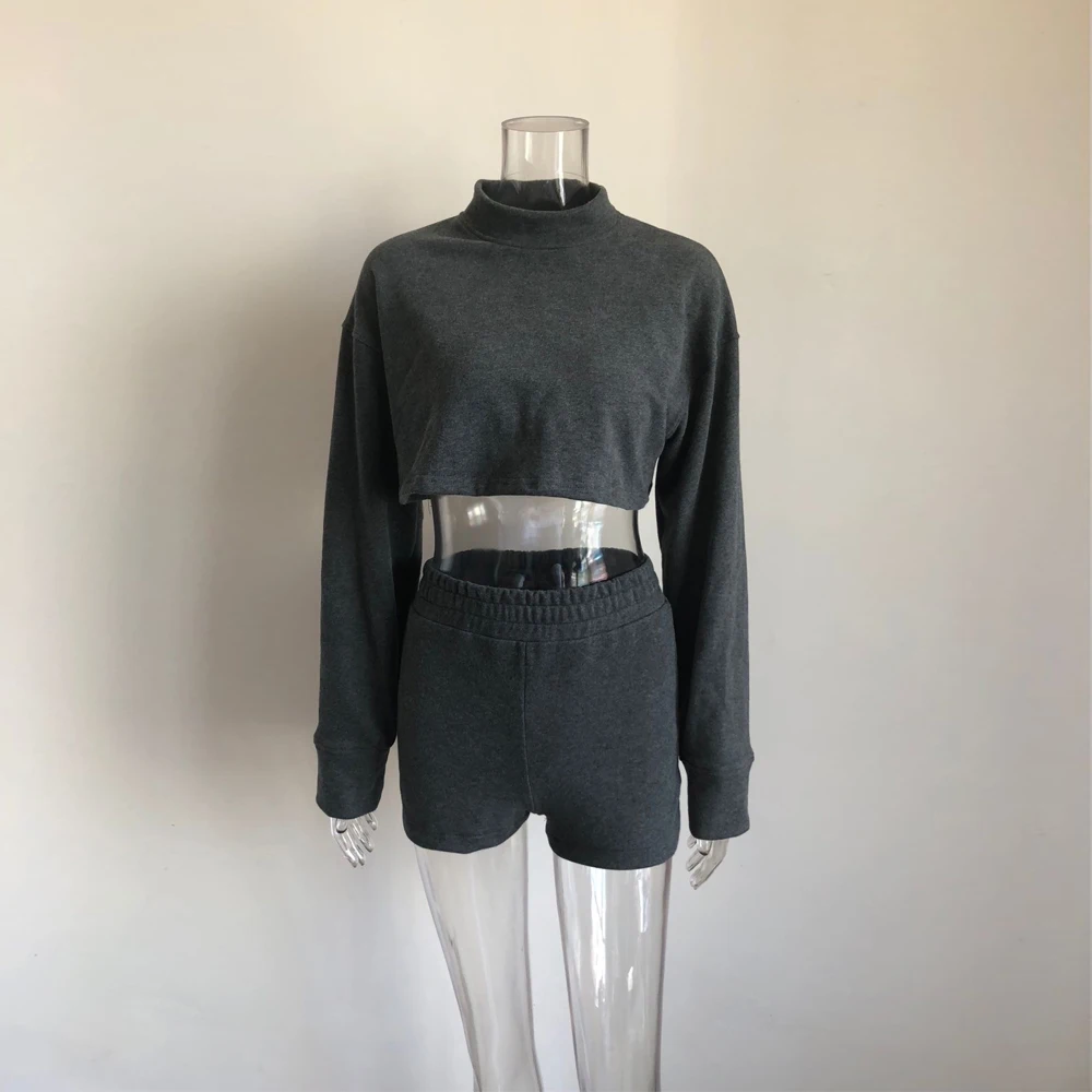 XLLAIS комплект из двух предметов из плотной ткани, женский серый свободный короткий топ с длинным рукавом, уличная одежда, эластичные штаны, комплект с шортами, подходящие комплекты