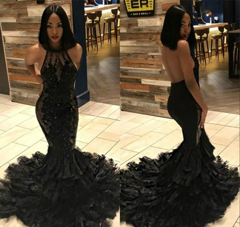 Black Sexy Color Prom Dresses 2021 South African Black Girls Halter Neck Applique Wear Evening Party Gowns Plus Size Prom Custom long prom dresses