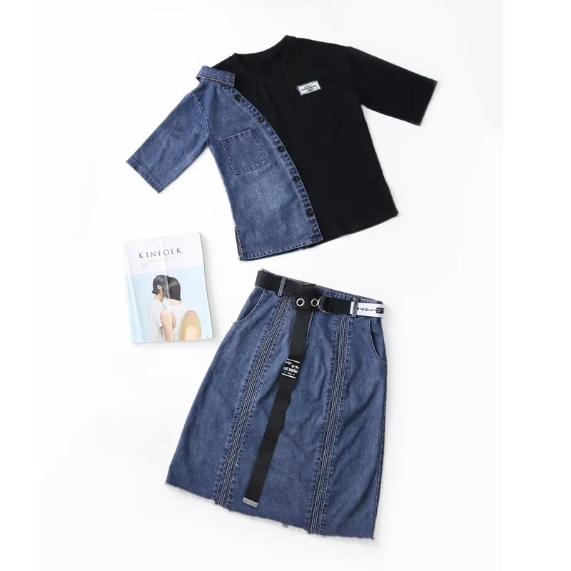 Женский джинсовый костюм из двух предметов футболка с рукавом пять и джинсовая