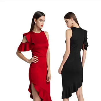 

Europe and America WOMEN'S Dress Autumn and Winter New Style Evening Gown Hot Selling Feifei off-Shoulder Flounced Dress