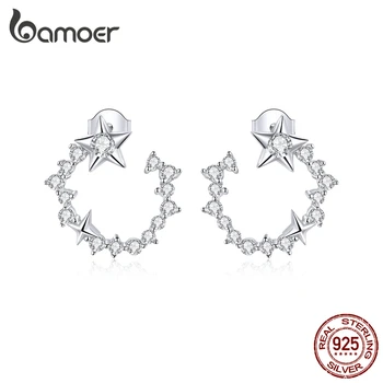 

bamoer Authentic 925 Sterling Silver dazzling Round Stars Stud Earrings for Women Silver 925 Jewelry Anti-allergy Gifts BSE360