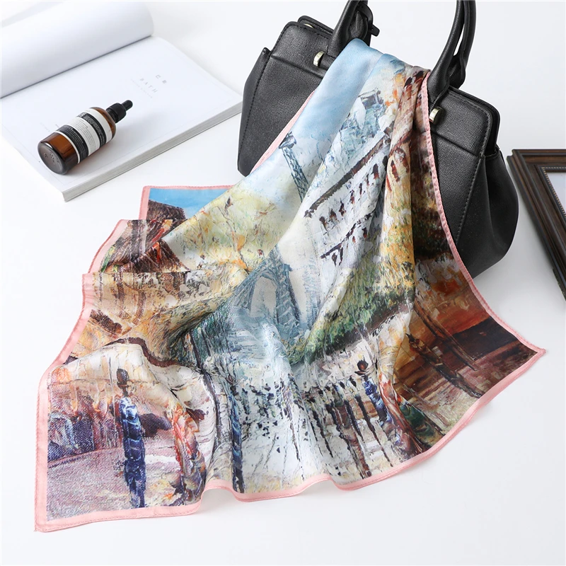

New Square Neck Scarf Women Silk Hair Band Small Foulard Shawls and Wraps Oil Panting Lady Office Neckerchief