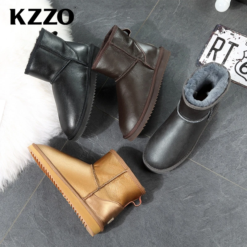 KZZO Australian Classic Waterproof Ankle Men Snow Boots Genuine Leather Natural Wool Lined Winter Warm Non-slip Short Boots