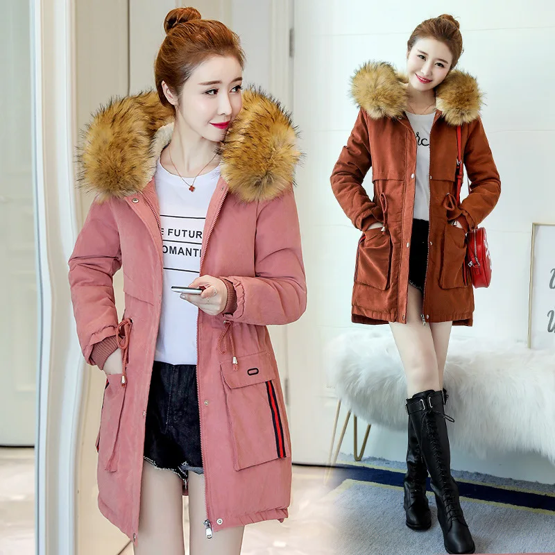 

2019 Winter New Style Korean-style Large Fur Collar Cotton-padded Clothes Women's Drawstring Waist Hugging Large Size plus Velve
