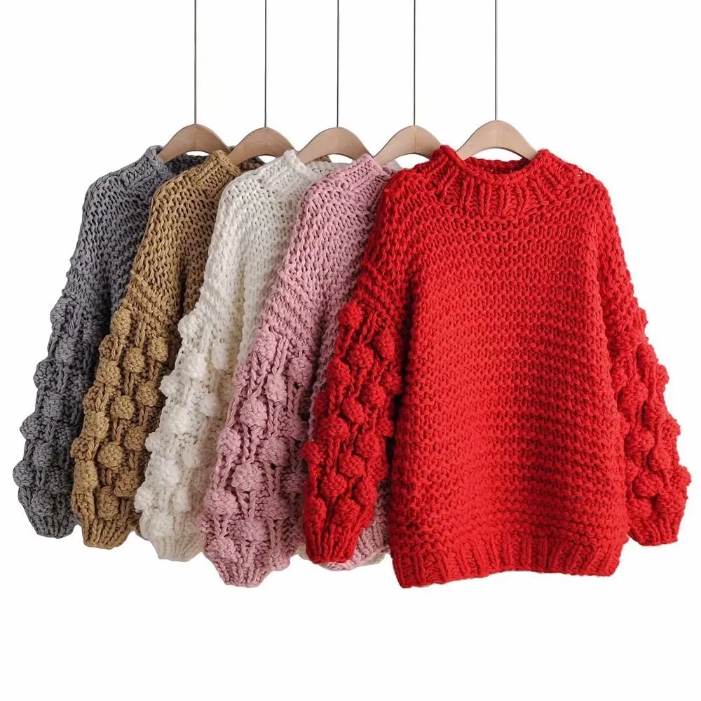 

Loose Women Coarse 3D Hook Flower Sweater Casual Lantern Sleeved Knitted Sweater Flowers Warm 3D Yarn Ball Sweater Pullover