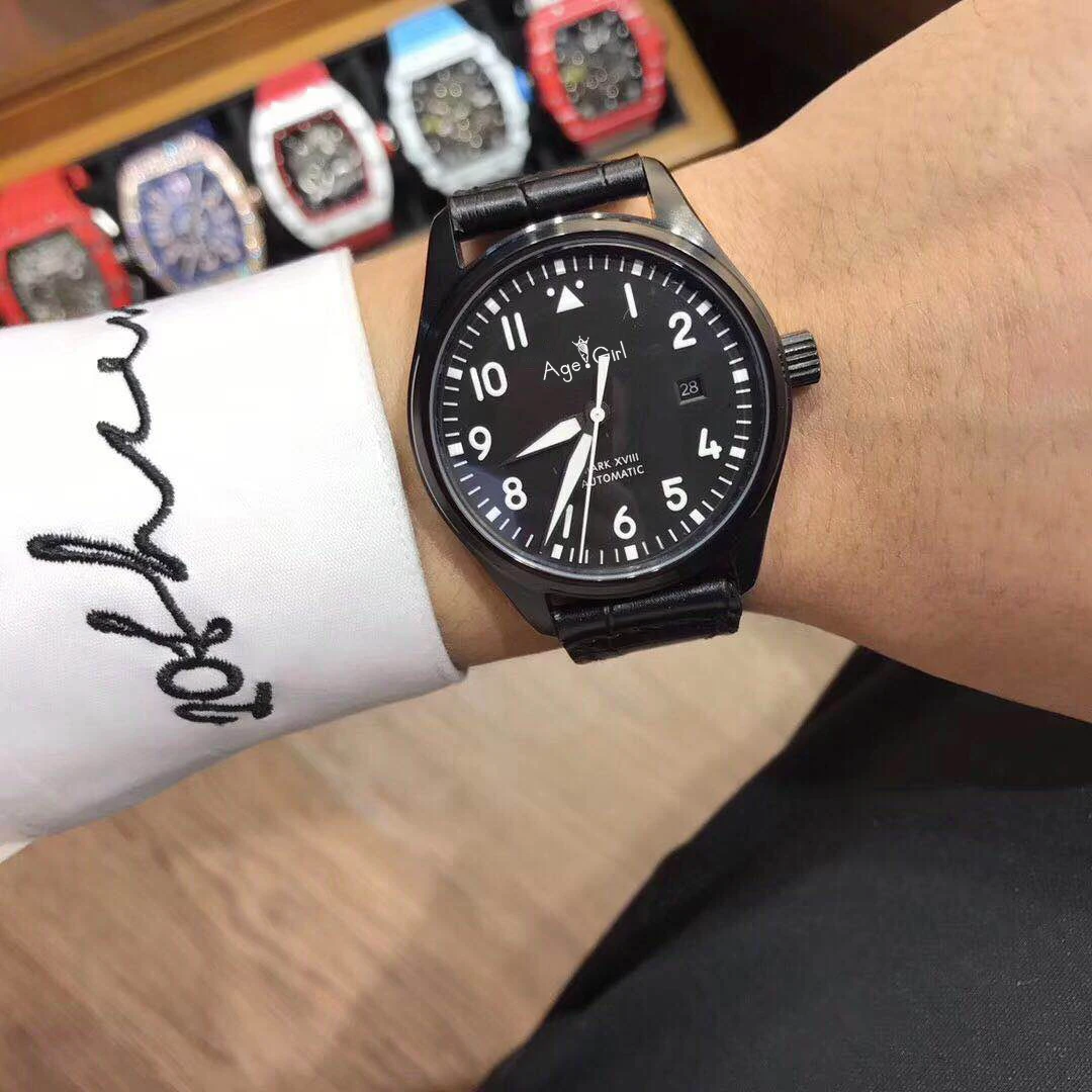 Black Black Роскошные брендовые Новые Мужские автоматические механические Pilot MARK x18 черные синие коричневые кожаные из нержавеющей стали сапфировые спортивные часы с датой - Цвет: Black Black