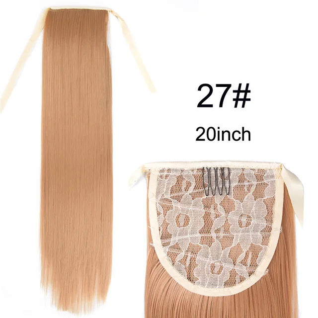 Leeons 20'' Synthetic Ponytail Hair pieces Heat Resistant Fiber Straight Ribbon Clip In Hair Extension 21 colors Brown Black 27 Drawstring