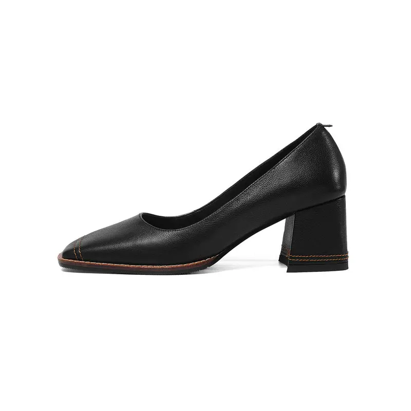 Autumn Pumps Genuine Leather square Toe Square Heel Shoes Shallow Elegant Office Women Solid Pumps