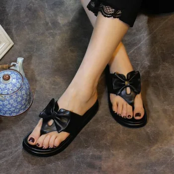 

Summer Women Classic bowknot Genuine Leather Flip Flops Lady Beach Slippers Wedges Slippers Thick Sole cowhand Sandals