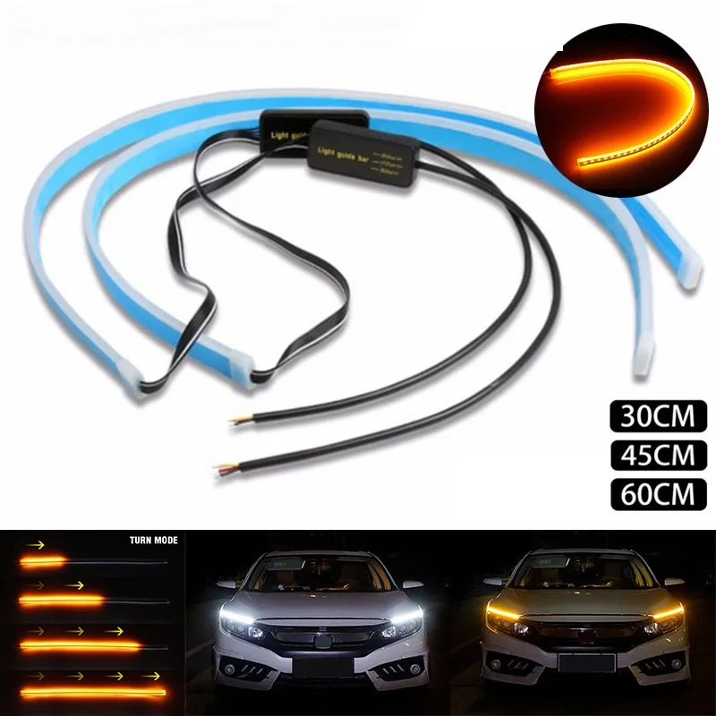 

1 pair12V LED DRL Car Daytime Running Light Flexible 30 45 60cm Waterproof Strip Auto Headlights White Turn Signal Yellow Lights
