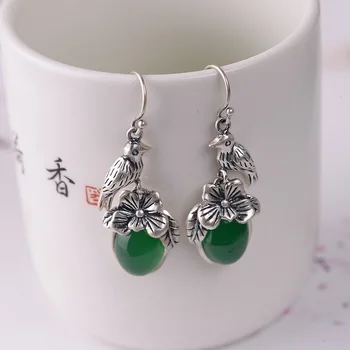 

FNJ Bird Earrings 925 Silver Original Pure S925 Sterling Silver Drop Earring for Women Jewelry Red Black Green Stone