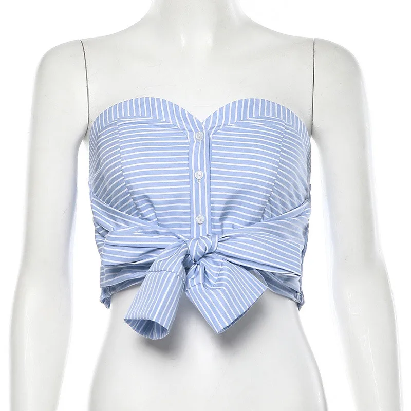 New Women Single Breasted With Bow Blue Striped Top Fashion Backless Slash Neck High Street Sexy Crop Tops Autumn