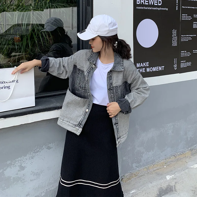 

6996 Retro Hong Kong Flavor Greyish Black Contrast Color Jeans Coat Women's 2019 New Style BF Style Loose Autumn Clothing Tops