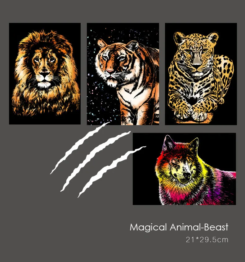 4 Pcs/Set A4 DIY Manual Scraping Painting Colorful Realistic Cartoon Animals Lion Wolf Flamingo Night View Scratch Drawing Toys 10