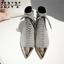 Xiuningyan Shoes Woman Hot Sale Kid Suede Pointed Metal Toe Mixed Color Butterfly-knot Med Heels European Designer Ankle Boots