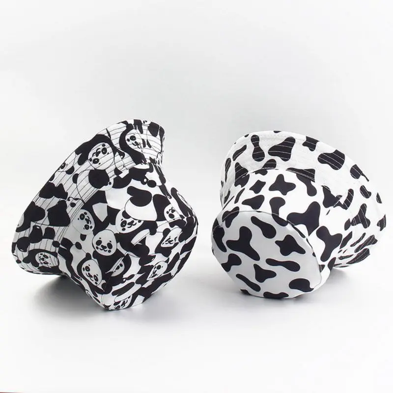 Unisex Summer Cotton Bucket Hat Black White Panda Animal Print Reversible Outdoor Sunscreen Hip Hop Panama Fisherman Cap