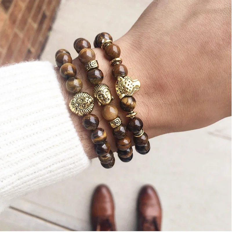 Пара браслетов для женщин и мужчин Роскошные античные Лев животных тигровый глаз