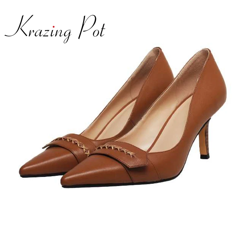 

Krazing pot big size genuine leather pointed toe thin high heels classic colors French romantic beauty girls women pumps L5f1