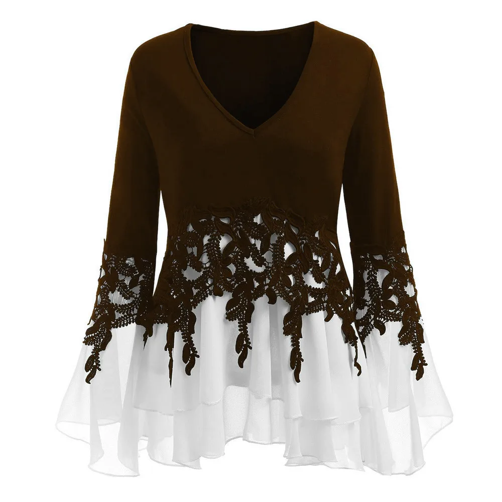 Женский топ с кружевом и шифоном Элегантная блузка длинным расширяющимся книзу
