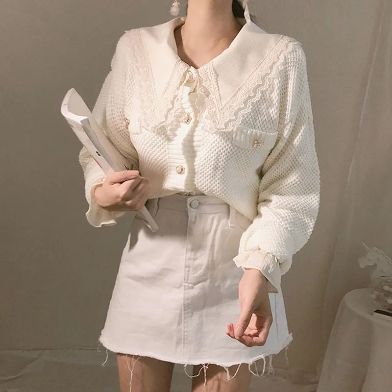 apricot cardigan RealShe/женский кардиган с круглым вырезом и длинным рукавом-фонариком, однотонный кардиган на пуговицах для женщин, весенне-осенний элегантный повседневный теплый свитер, Женская и солнечная белая блузка с воротником - Цвет: apricot cardigan