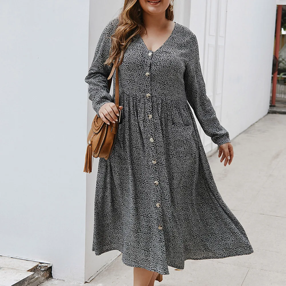 

Fadzeco Women Plus Size Long Dresses Autumn Long Sleeve Polka Dot Boho Button Down Swing Maxi Dress with Pockets Beach