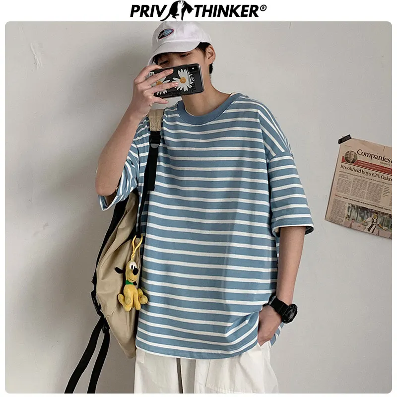 Мужская футболка в полоску Privathinker свободная Корейская большого размера уличном