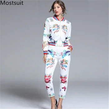 

Runway Designer 2019 Autumn Winter Printed Pants Two Pieces Set Women's Long Sleeve Jackets Coat +pants 2 Pcs Sets Tracksuits