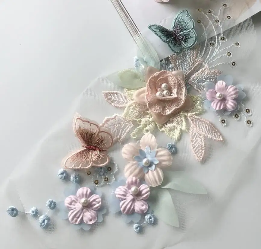 1 PC Embroidery 3D Floral Butterfly Lace Applique Patch Delicate Pearl Lace Wedding Clothing Decoration Sewing DIY Accessories lace sewing accessories lace sewing supplies lace accessories lace garment accessories clothing accessories lace decoration clothing craft accessories sewing patches