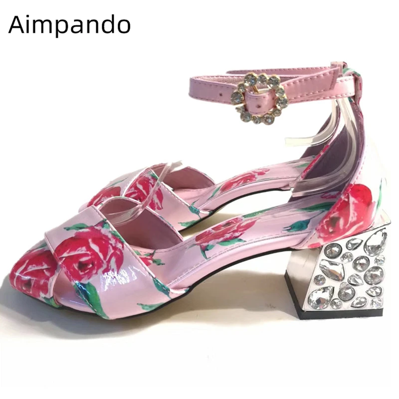 

Sweet Printed Pink Rose Flower Summer Shoes Woman Cross Band Ankle Strap Jeweled Diamond Rhinestone Gladiator Sandals Women