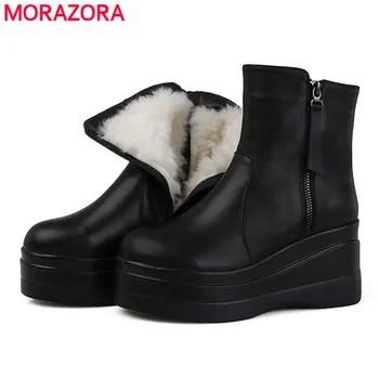 

MORAZORA 2020 New Genuine leather boots women shoes zipper round toe platform ankle boots female nature wool warm snow boots
