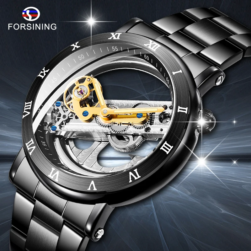 $27.68 Forsining Luxury Hollow Automatic Watch Mechanical Men Black Wrist Watches Transparent Skeleton Bus