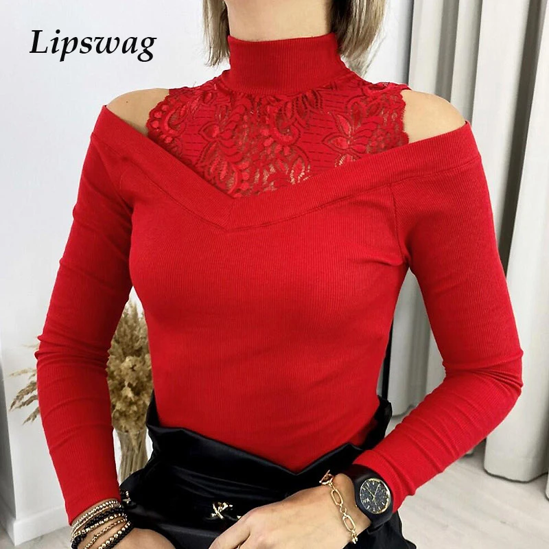 Elegant Turtleneck Blouse Tops Sexy Off Shoulder Lace Hollow Out Women Shirts 2021 Spring Patchwork Long Sleeve Solid Top Blusa 1