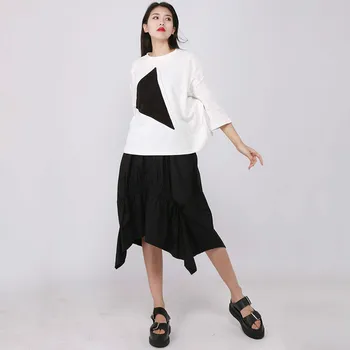 

XUXI 2020 Spring Summer New Black And White Contrast Color Half Sleeve T-shirt Women's Fashion Loose Casual Round Collar FZ1411