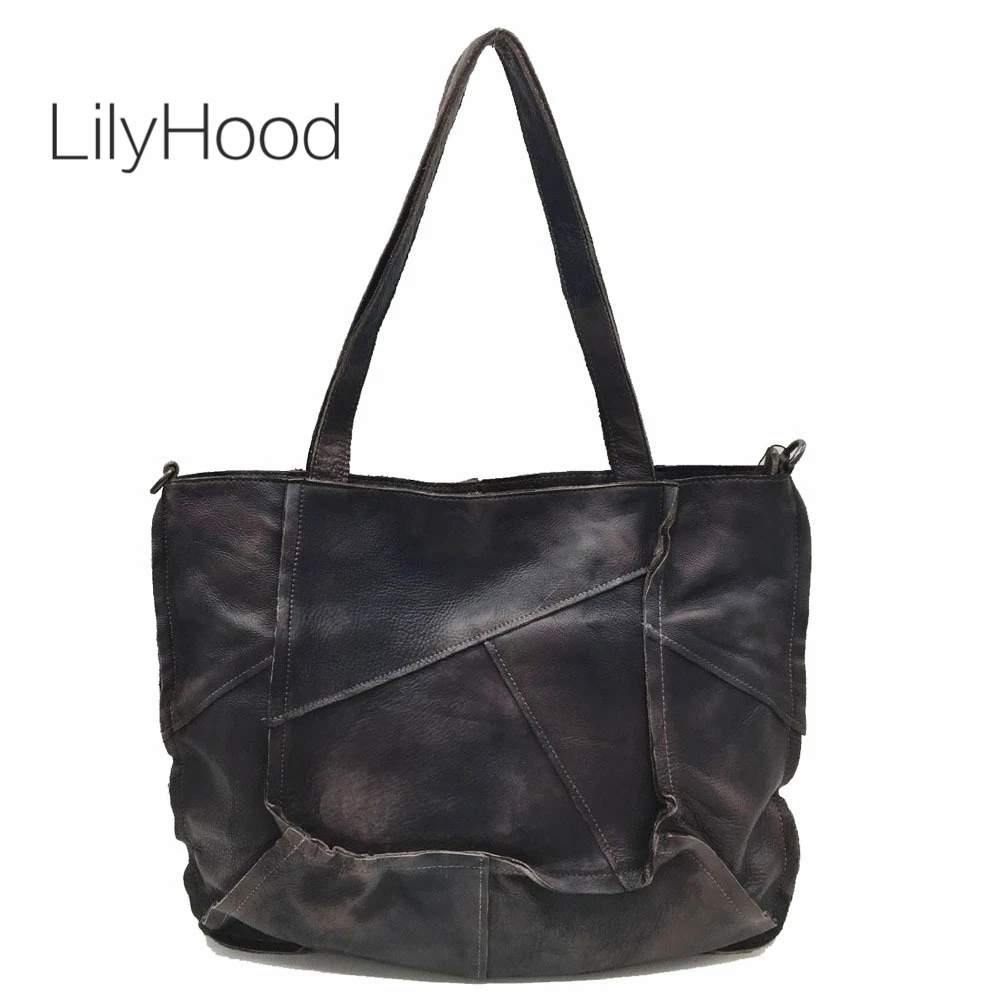 

First Layer Cow Leather Tote Bag Women Vintage Patchwork High Quality Genuine Leather Top-handle Bag Female Daily Cowhide Bag