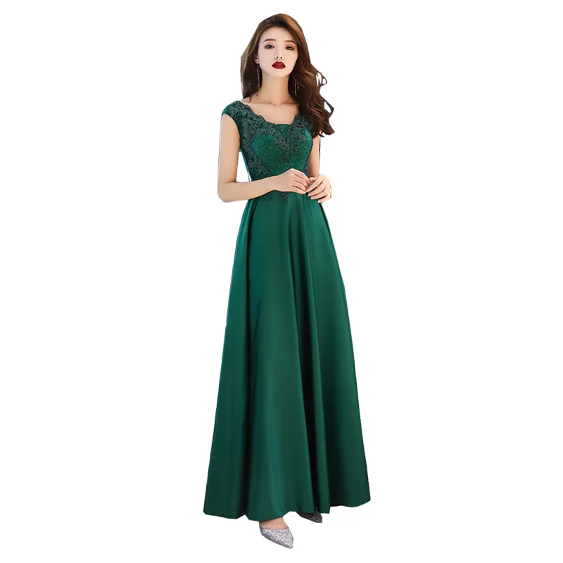 Satin Long Emerald Green Dresses Sleeveless A-line Floor-length Luxury Appliques Rhinestone Long Formal Evening Gowns