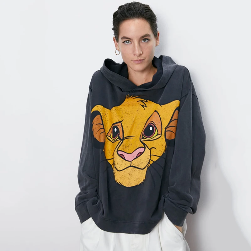 

2019 ZA New Autumn Fashion Lion King Cartoon Print Hooded Hoodie Trendy Casual Loose Long Sleeve Cute Animal Print Pullover