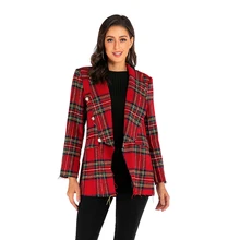 Двухстороннее шерстяное Женское пальто осеннее темпераментное Новое клетчатое двубортное пальто-кардиган с отворотом и длинными рукавами