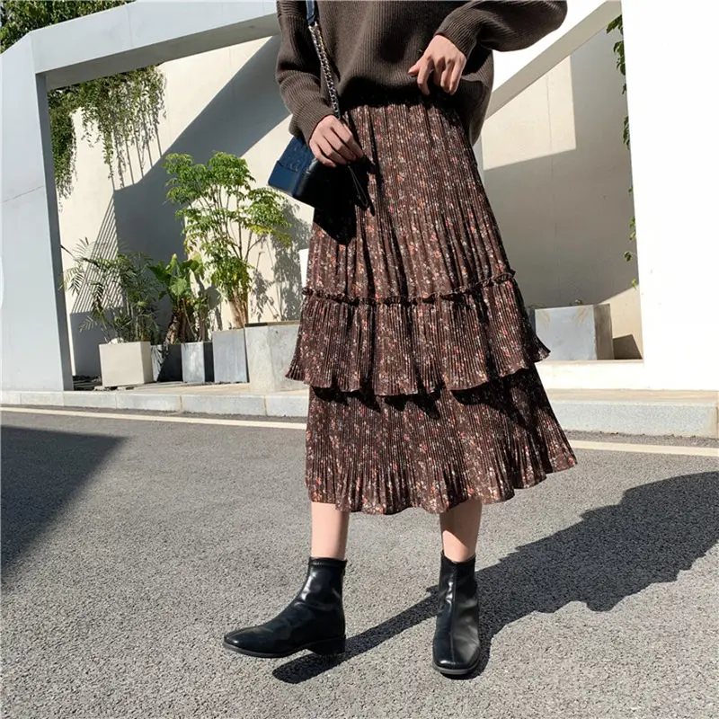 coffee skirt women RealShe длинная юбка с цветочным рисунком, высокая эластичная талия, оборки, свободные длинные юбки, Женская юбка макси, Весенняя Повседневная Уличная одежда, Jupe Femme2020 - Цвет: coffee skirt women