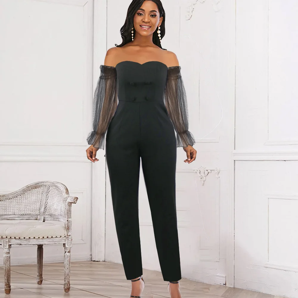 

Black Women's Jumpsuit Off the Shoulder Lantern Tull Long Sleeves Straight Pants Sexy High Waist Elegant Trouser Suit Plus Size
