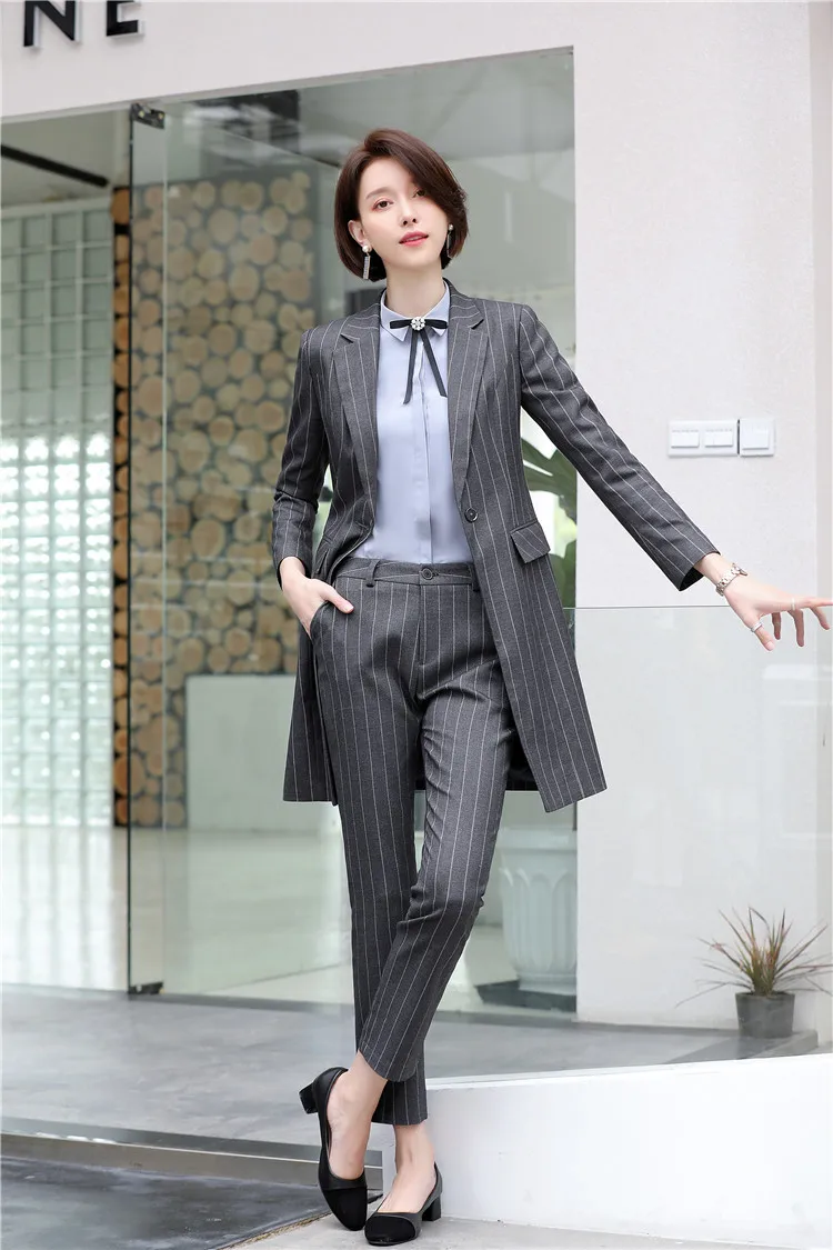 gray coat and pant IZICFLY стиль осень серый полосатый Женский костюм блейзеры жилет элегантный тонкий Бизнес Офис длинная куртка элегантный брючный костюм для работы - Цвет: gray coat and pant