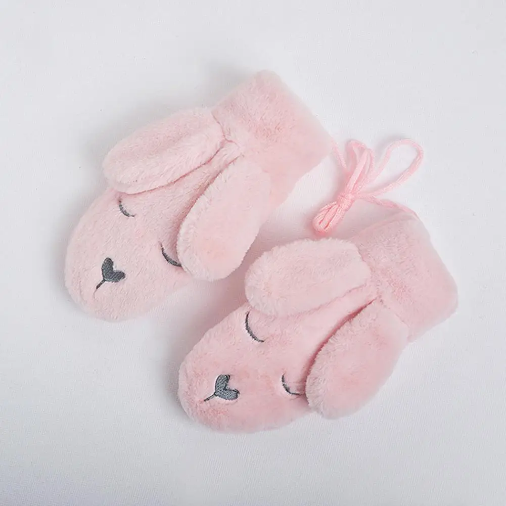 Pink Studyset варежки для девочек зимние теплые утепленные бархатные с мультяшным кроликом Висячие шеи ветронепроницаемые перчатки имитация кроличьей шерсти зимние - Цвет: Pink
