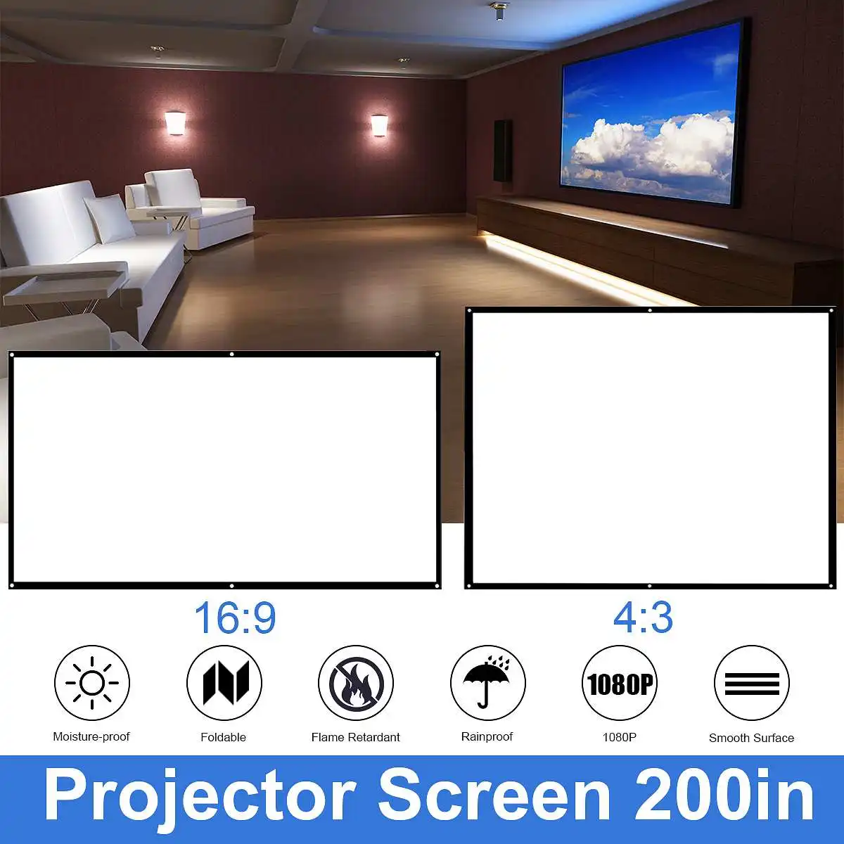

200 inch 16:9/4:3 Portable Projector Screen Curtain Projection Screen For Wall Mounted Home Theater