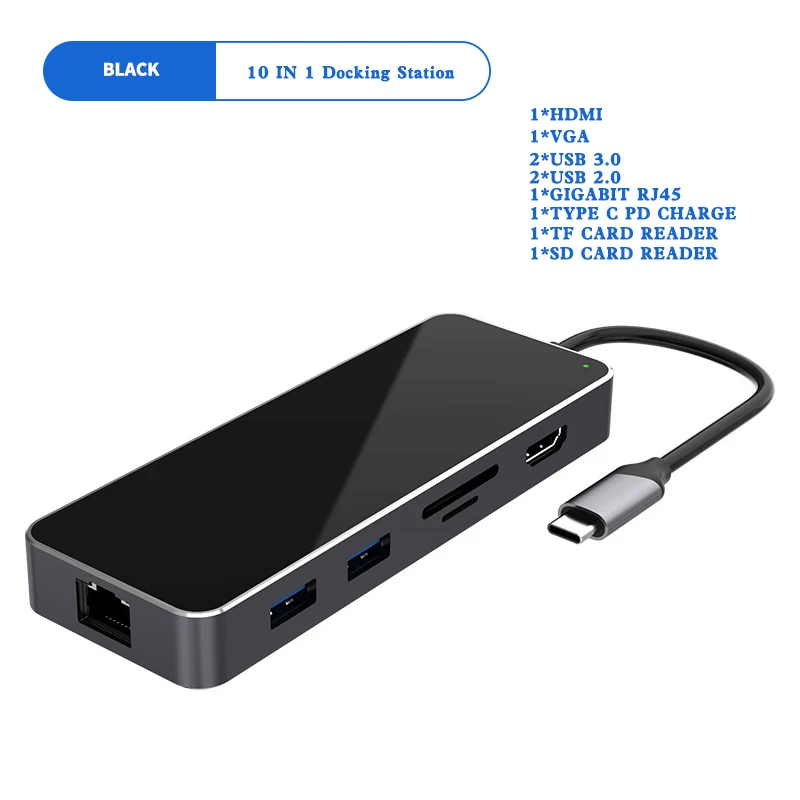11 IN 1 HUB USB C HUB Type C To HDMI VGA RJ45 Multi Port Docking Station With 3.5mm Headphone Jack PD Charge 11 10 Port USB HUB - Цвет: 10 IN 1 Black