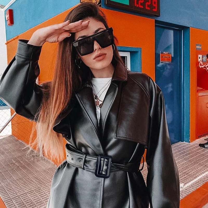 BOOFEENAA Black Long Faux Leather Jackets Women Winter Clothes Vintage Belted Blazer Biker Motorcycle Coat Windbreaker C67-BB39