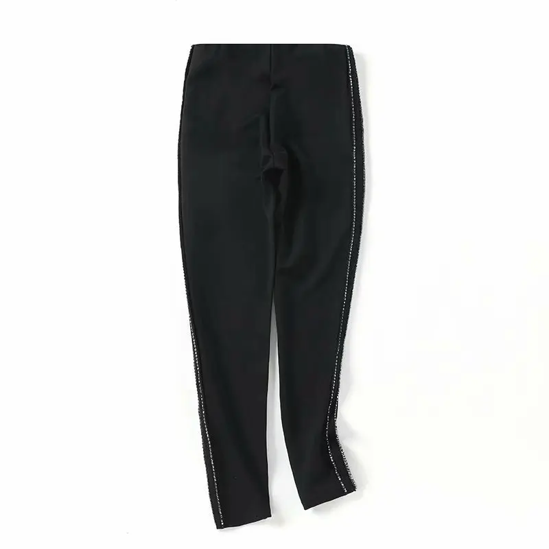 Брюки для бега с высокой талией, Боковая Отделка бисером, спортивные штаны для женщин, узкие брюки-карандаш, повседневные брюки - Цвет: black