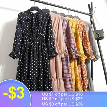 נשים מזדמנים סתיו שמלת גברת קוריאני סגנון וינטג 'פרחוני מודפס שיפון חולצה שמלת שרוול ארוך קשת Midi קיץ שמלת Vestido