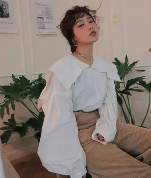 

2020 Spring Korean Elegant Women Shirts Office Lady Loose Shirts Retro Navy Collar Puff Sleeve Solid Color Shirt